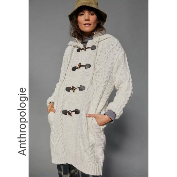 Anthropologie Sweaters - Anthropologie White Chunky Cable Knit Long Nordic Hooded Soft Sweater M/L